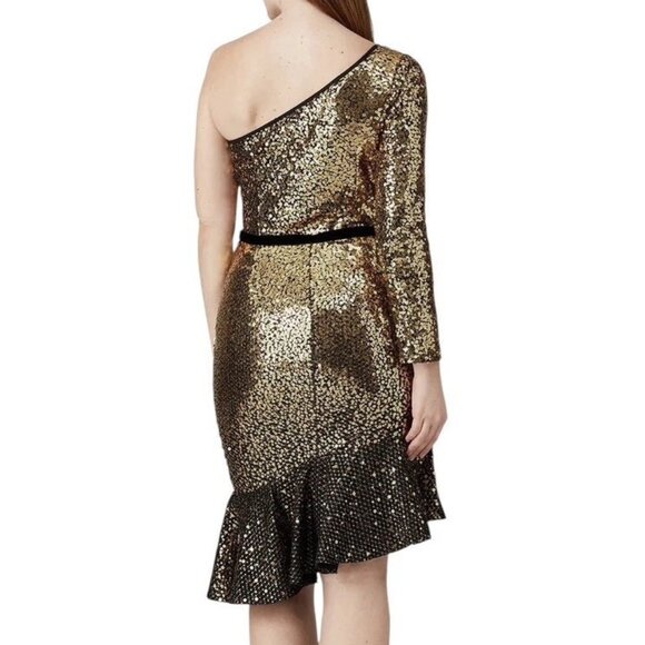 Marchesa Notte Sequined One Shoulder Asymmetric Ruffle Hem Dress Gold Size 16 - Picture 2 of 9